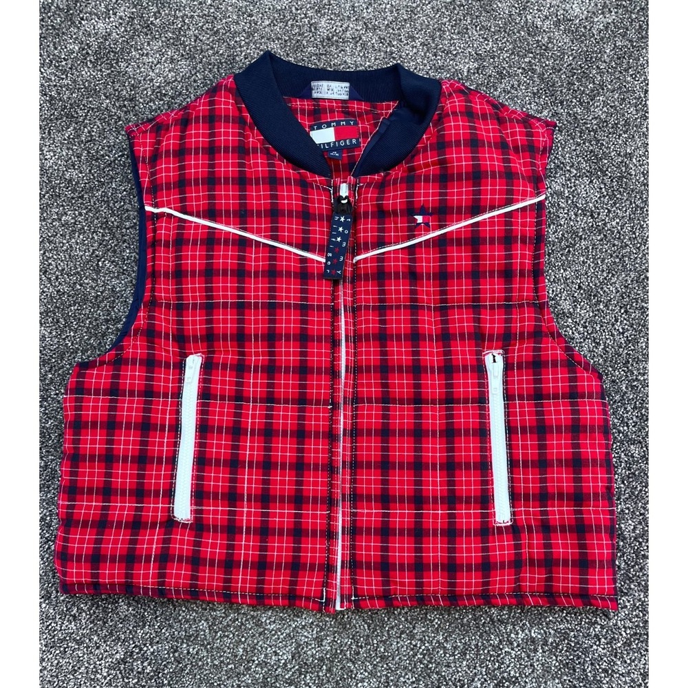 Tommy Hilfiger Boys Vest Zip Up Red Plaid Medium Logo